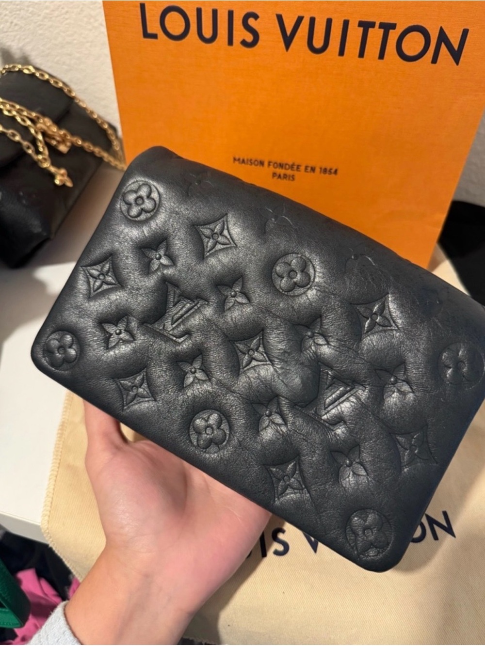 Louis Vuitton Black Monogram-Embossed Crossbody with Gold Chain - Picture 5 of 6